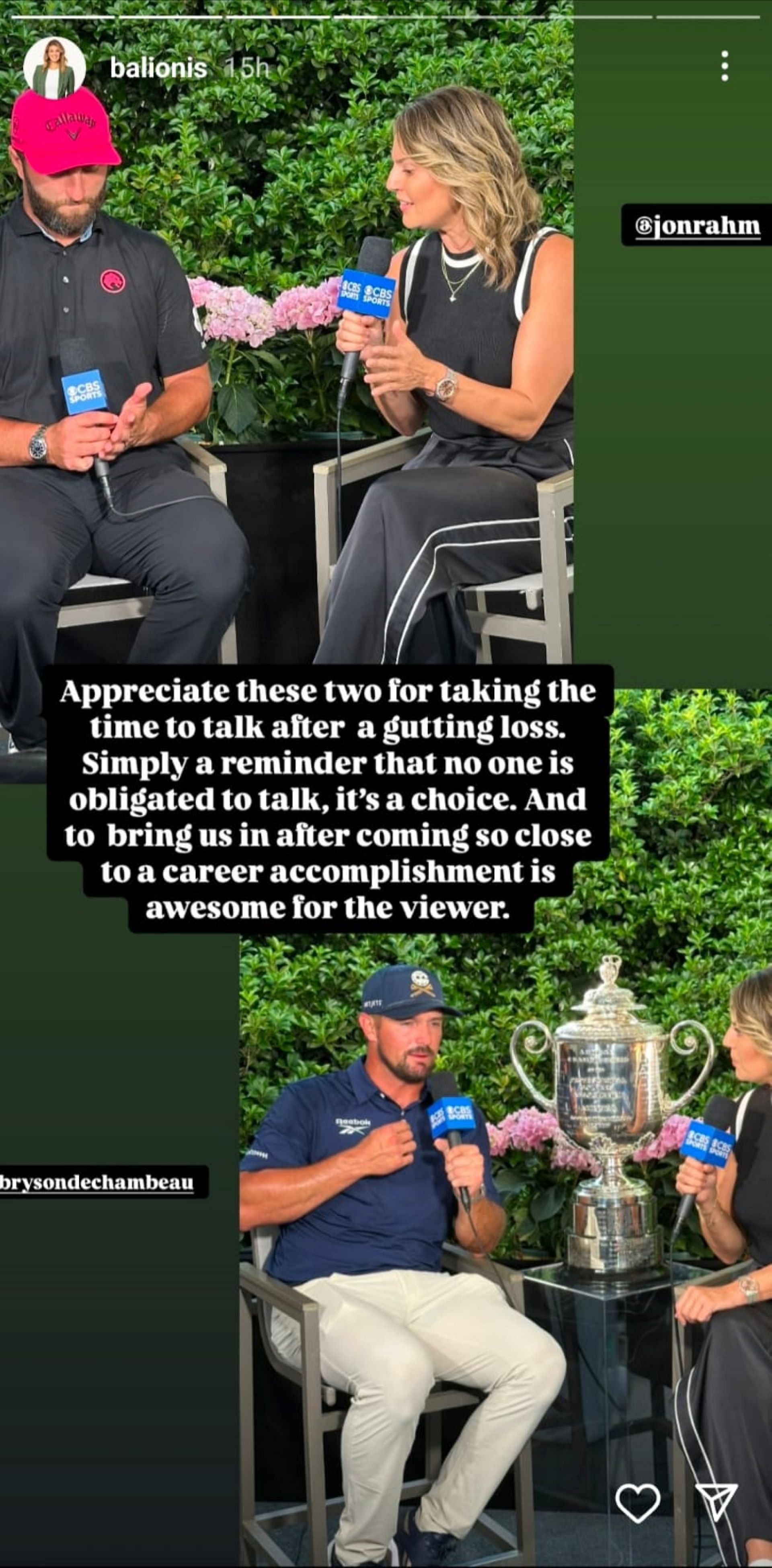Amanda Balionis shared a snapshot from post post-interview rounds of Bryson DeChambeau and Jon Ram